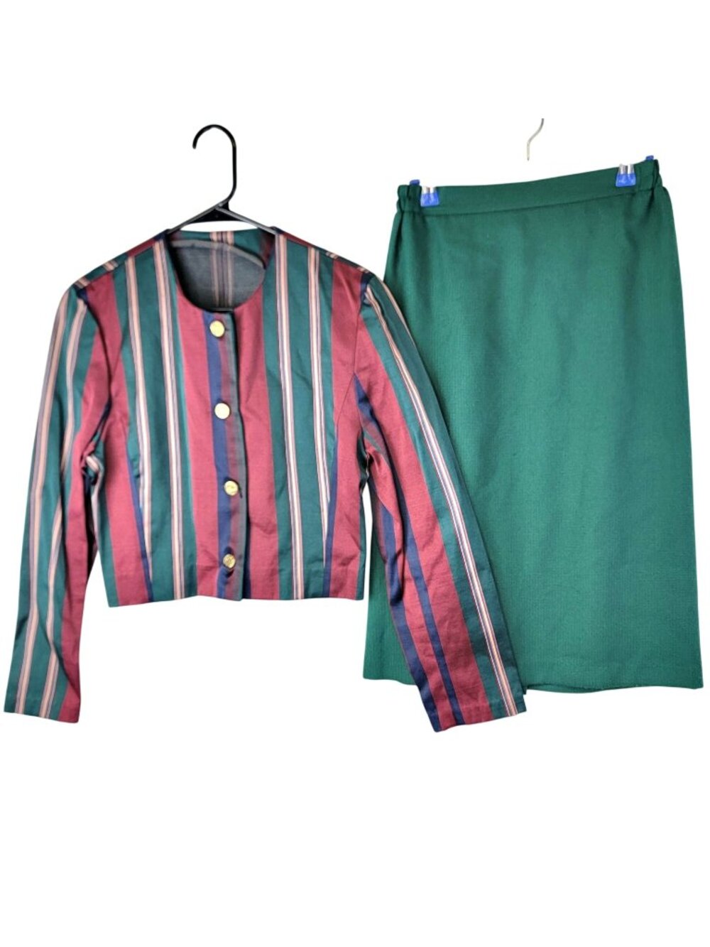 Vintage 90s Suit Set Women Small 4 6 Stripe Blazer Jacket Midi Skirt Green Blue